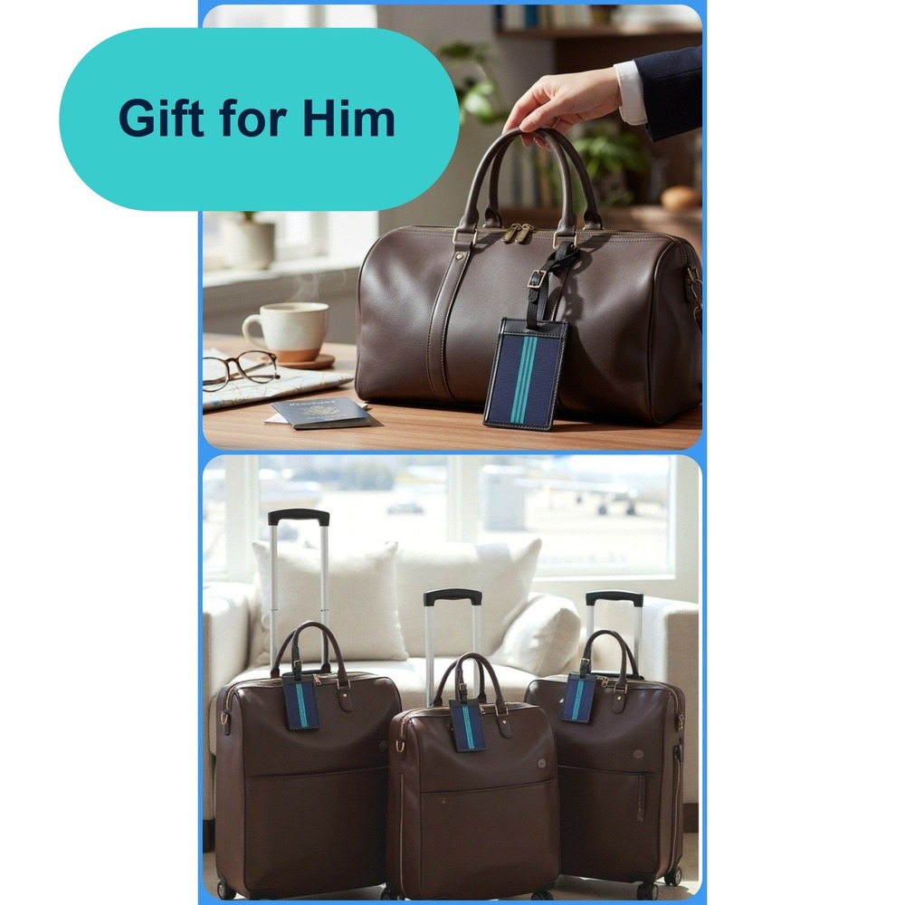 Baekgaard Set of 3 Luggage Tags Navy Teal Canvas Striped Preppy Travel Accessory